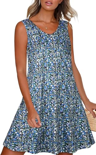 elescat Womens Summer Dresses Casual V Neck Sleeveless Pockets Beach Loose Tank Sundress (Blue Green Floral, L)