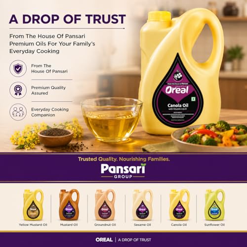 Image of Oreal Premium Pure Canola Oil | 5 Litre| Healthiest Cooking Oil | Rich in Omega-3 and Omega-6 | Improve in Metabolisms & Keeps Active | Preservative Free & Suitable for all Ages