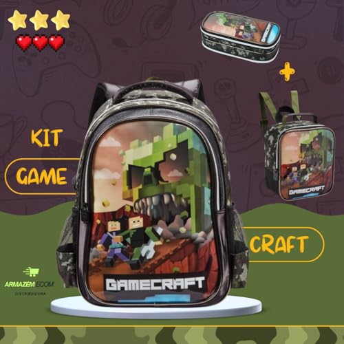 Kit Mochila de Costas Lancheira Estojo GameCraft Zombie 3 Peças Infantil