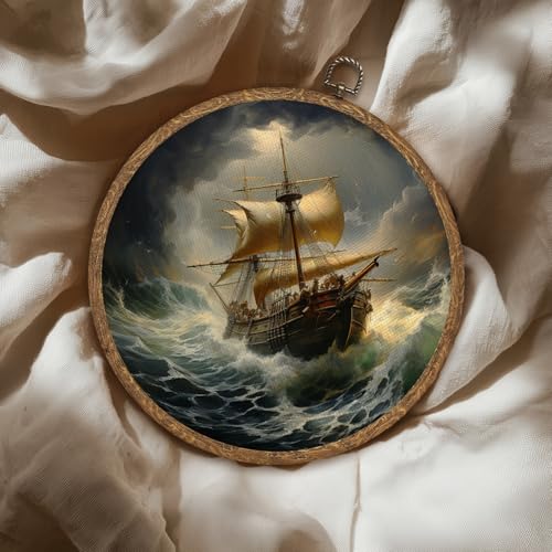 Vintage Sailing Ship Round Wall Art, Nautical Ocean Adventure Canvas Wall Hanging Decor, Retro Circular Artwork for Living Room Office, Unique Gift for Adventure Lovers or Father’s Day 10x10Inch (Begei-ship) by WMSYUO - Used condition - Image 4