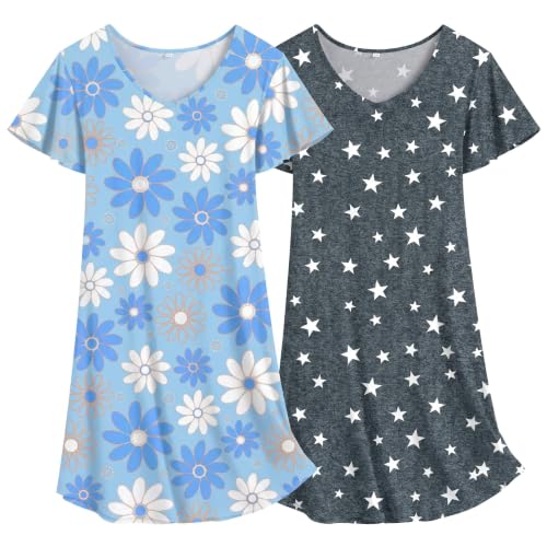 Image of Ekouaer 2 Pack Nightgowns for Women Short Sleeve Nightshirt Soft Sleepdress