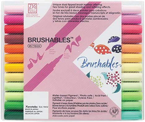 Kuretake ZIG BRUSHABLES 24 Brush Marker Pens set, TWO-TONED 48 Colors, Twin brush tips, Waterproof when dry, No mess, Archival Quality, Made in Japan