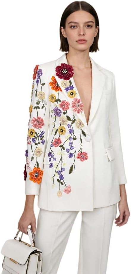 Womens Floral Embroidered Blazer Long Sleeve One Button Casual Business Suit Jacket for Party Wedding