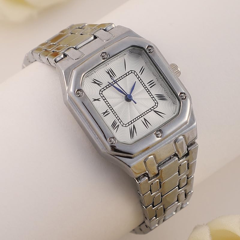 Image of Haute Sauce Women's The Torque Square Watch | Metallic Silver Stainless Steel Strap | Metallic Silver Dial | One-Size | Foldover Closure | Quartz | Analogue | Wrist Belt Watch for Female and Girls