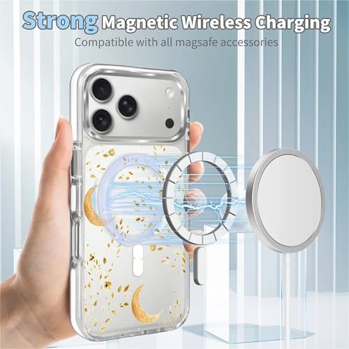 Coque iPhone 17 Pro Max Magsafe rigide transparente et antichoc avec motif lune dorée