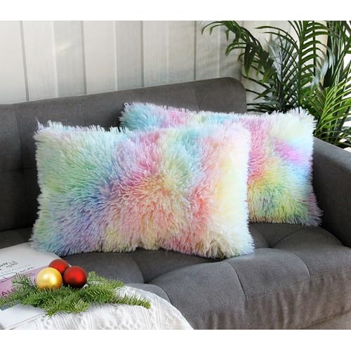 Uhomy 2 Packs Fluffy Accent Pillows Cover 20"x12", Soft Unicorn Colorful Faux Fur Throw Pillow Case, Modern Luxury Decorative Square Cushion Cover for Farmhouse Home Decor for Sofa/Bed/Chair, 50x30cm