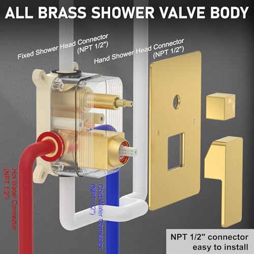 Image of Iriber Brushed Gold Rain Shower System with 12 Inch Shower Head and Handheld shower Bathroom Wall Mounted Golden Shower Set Contain Shower Faucet Mixer Valve and Trim Kit (Valve Cartridge Included)