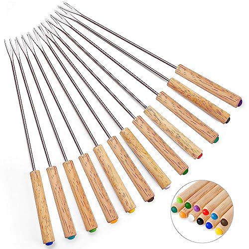 Set of 12 Stainless Steel Fondue Forks, 9.5 Inches Cheese Fondue Sticks Smore Sticks with Wooden Handle Heat Resistant for Chocolate Fountain Cheese Fondue Roast Marshmallows Fruits