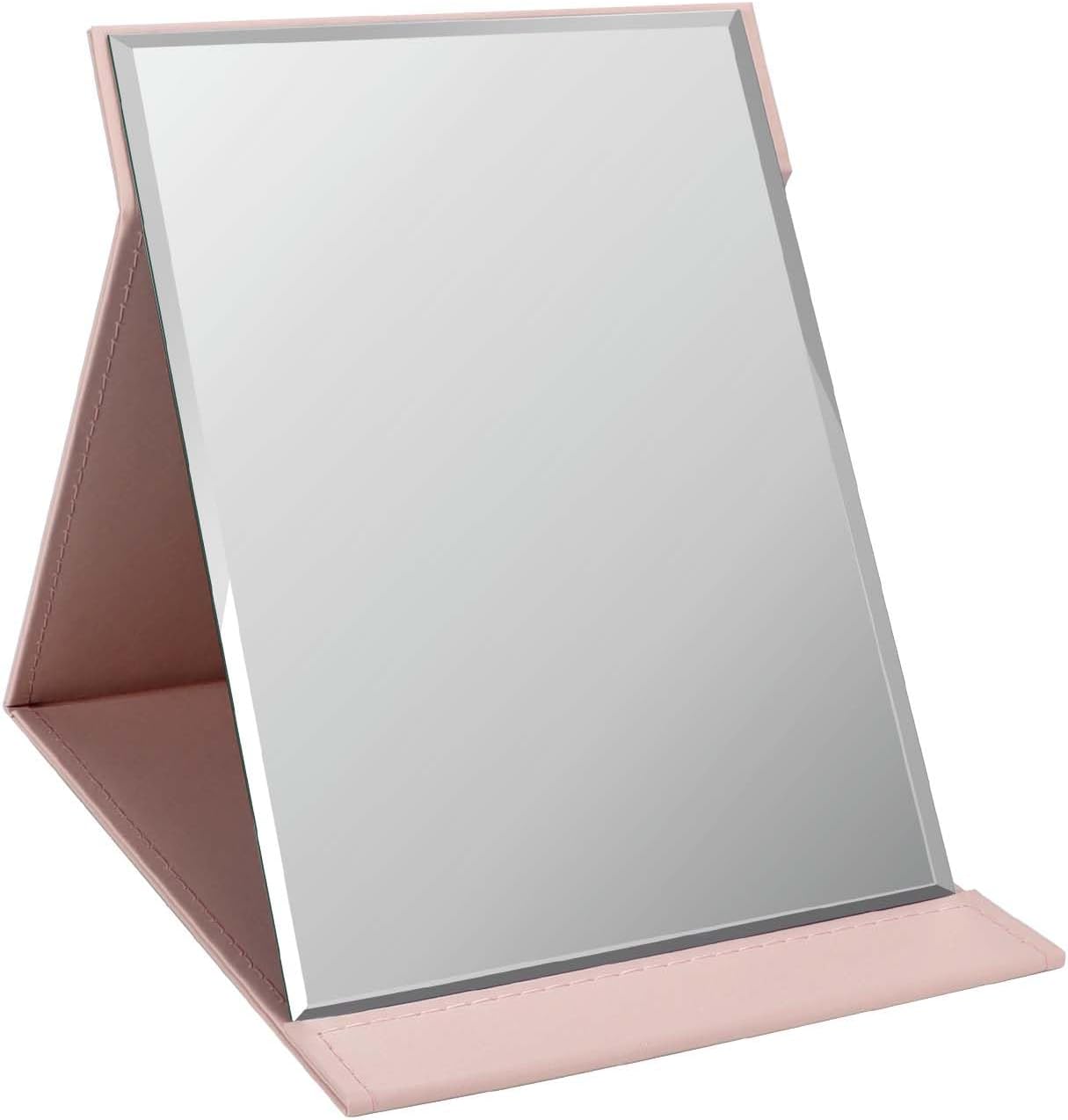 ZBEIVAN 12x9 Inches Portable Folding Makeup Mirror, Frameless PU Leather Desk Mirror with Stand for Camping Travel Tabletop Personal, Pink
