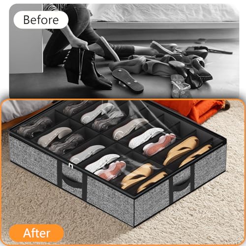 Image of homyfort Under Bed Shoe Storage Organizer Fits 16 Pairs Shoes and 4 Pairs Boots, Underbed Shoe Storage Boxes Bins, Organizador De Zapatos, Extra Large Zapateras Organizer for closet, Black, Set of 2