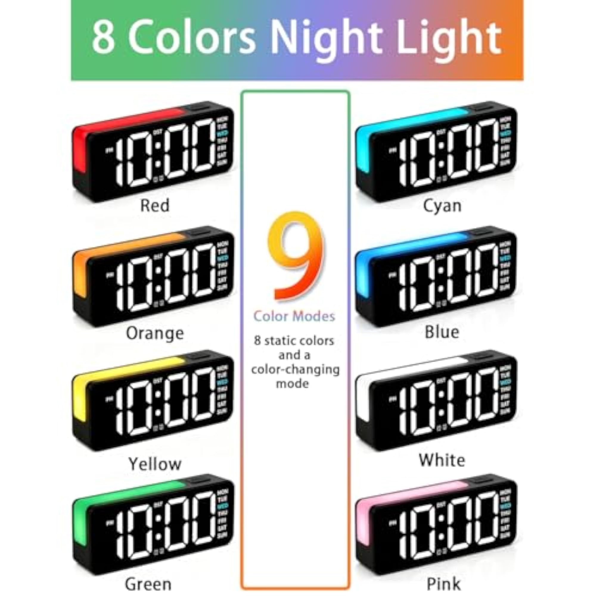 Small Digital Alarm Clock with Variable Color Night Light