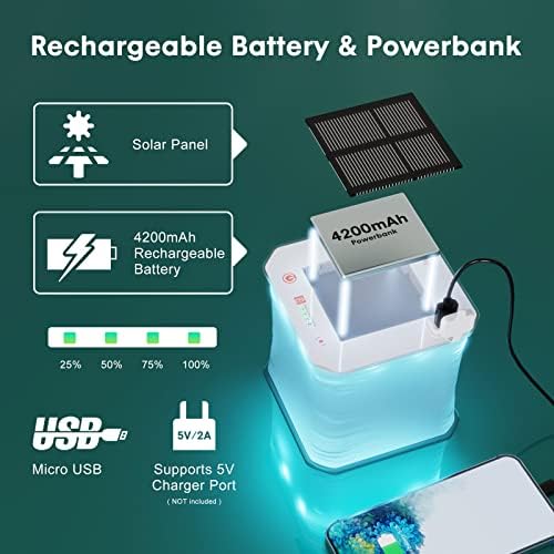 ROCAM Inflatable Solar Camping Lantern, 4200mAh LED Portable Lamp, Camping Lamp Rechargeable with USB, IP67 Waterproof, 7 Colors for Hiking/ Fishing/ Tent/ Garden/ Reading