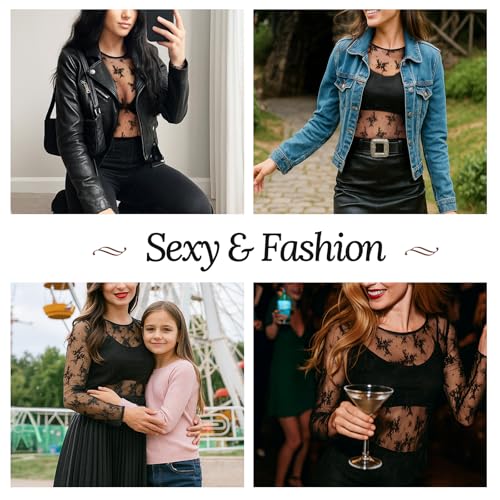 Mesh Long Sleeve Top Women Sexy Lace Sheer Shirts Party See Through Blouses — view 5
