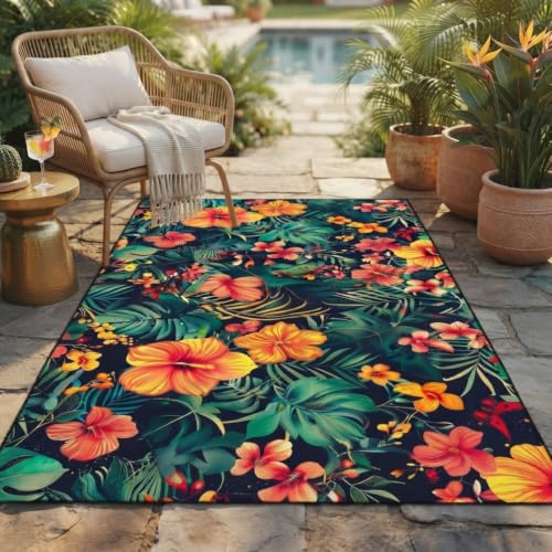 Tropical Floral Outdoor Rug Waterproof Orange Pink Green Boho Rugs 5x7 for Deck Porch Patio Balcony Backyard Washable Outside Area Rugs Thin Non Slip Mats Camping Poolside Garden Vibrant Modern Carpet - Image 2