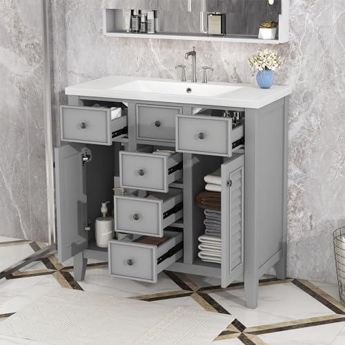 WEALTHGIRL Modern Freestanding Bathroom Vanity, Rectangular Ceramic Basin, Durable Solid Wood Frame, MDF Panels, Louvered Doors, Stainless Steel Handles, Non-Corrosive Surface (Grey,with Sink)