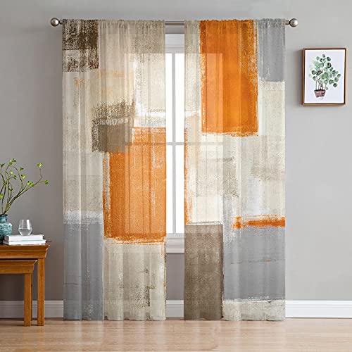 Orange And Grey Sheer Window Curtains, Orange Abstract Art Painting Rod Pocket Curtain For Living Room Modern Graffiti Window Treatment Curtain Drapes For Bedroom Kitchen, 52"W X 84"L, Set Of 2 #TOP11