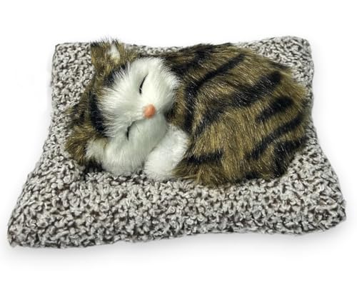 Image of Sleeping Cat Plush Toy with Press Simulation Sound, Sleeping Cat Stuffed Animal Fur Soft Toys with Sound for Kids Car Dashboard Cat & Office Desk (Golden & Black)