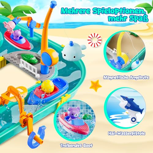 Joellfuner Wasserbahn Kinder Draußen, 2 in 1 Wasserspielzeug Kinder Outdoor, Wasserbahnset mit 2 Booten, 6 Tierfiguren, 2 Wasserpistolen und Angelfunktion, Wassertisch Spielzeug für Jungen Mädchen (A)