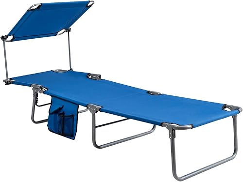 Miniatura 9 de Giantex Silla bronceadora, tumbona de patio con 5 posiciones ajustables, toldo de sombra, bolsillo de almacenamiento, cuna de campamento, sillón