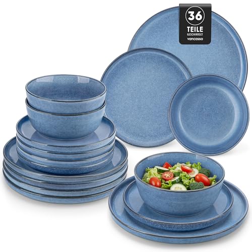 Steingut Geschirrset 12 Personen, vancasso ANYA Blau Teller Set Modern 36 teilig,Tafelservice mit Speiseteller, Desserttellern und Schüsseln, Geschirr Set Spülmaschinen und Mikrowellenfest