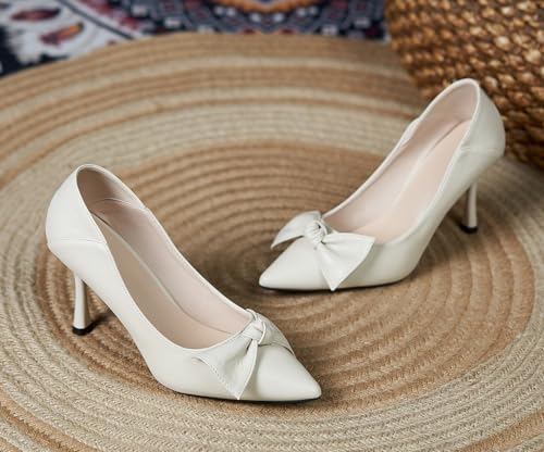 YooPrettyz Women's Bow Pointed Toe Shoes Slip On Dress Leather Pumps Wedding Bridal Party Stilettos3