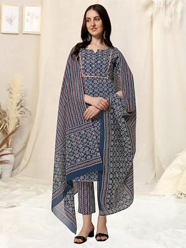 Image of MIRCHI FASHION Pure Cotton Women Straight Embellished Ajrakh Print Kurti Set with Dupatta and Pant