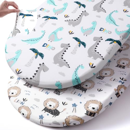 Image of Stretch Fitted Bassinet Sheet Set BROLEX 2 Pack Cradle Sheets for Bassinet Pad/Mattress,Unisex Boys Girls,Ultra Soft,Dinosaur Lion