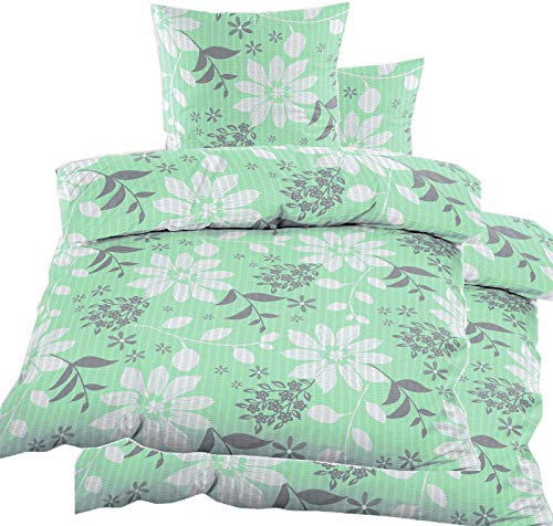 60322 Parure de lit 4 pièces en seersucker infroissable en microfibre 2 x 135 x 200 + 80 x 80 cm Vert menthe, fleurs Cover