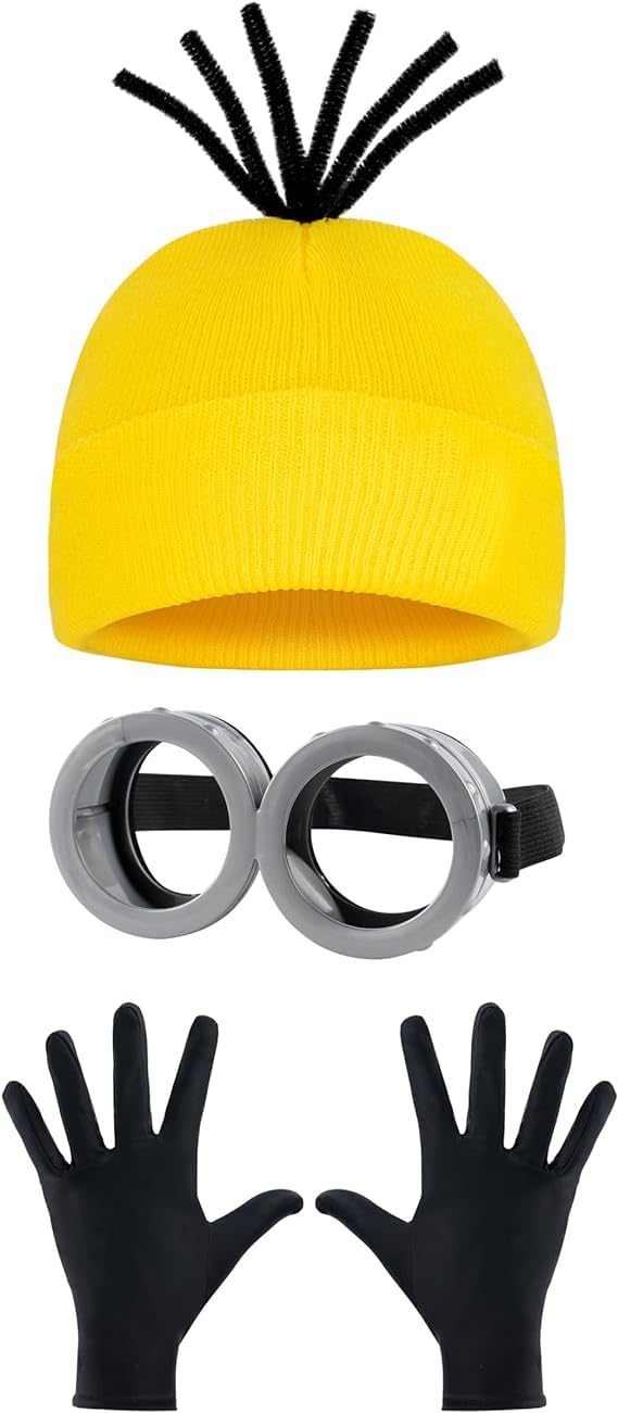 Bofeiya Set of 3Pcs Steampunk Goggles Glasses Yellow Beanie Knit Hats Black Gloves for Halloween Costume Cosplay Party Supplies (Style 1)