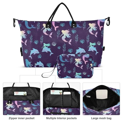 Gradient Mermaid Seashell Large Travel Duffle Bag Weekender Overnight Bags Gym Yoga Bag for Women Men with Toiletry Bag2