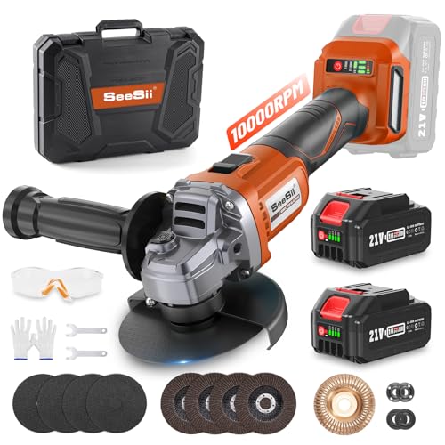 SEESII Angle Grinder Cordless 21V, 9500RPM Battery Grinder Tool, Brushless Motor, 2X 4.0Ah Batteries, Lightweight Design, Power Electric Grinder Kit for Metal Cutting, Grinding