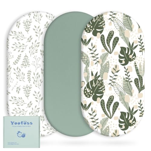 Image of Yoofoss 3-Pack Bassinet Sheets for Boys Girls Universal Fit (Green+Leaf) | Ultra Soft & Breathable, Fitted Mattress Sheets Set Compatible with Halo Bassinest Swivel Sleeper,Baby Delight,Angelbliss