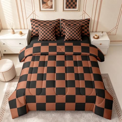 Image of Feelyou Checkered 7 Piece Bedding Set Teen Brown Black Plaid Comforter Set with Sheets King Size Kids Boys Cute Retro Neutral Checkerboard Geometric Bed in a Bag Vintage Aesthetic Room Decor