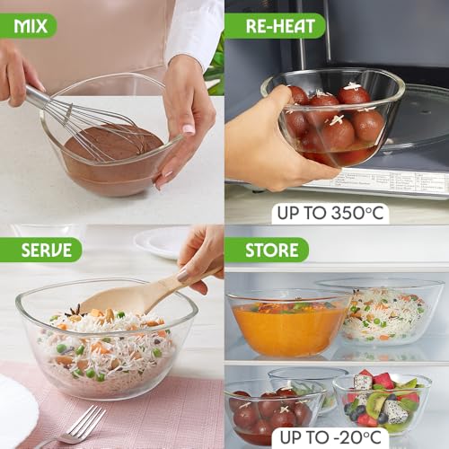 Image of Borosil Square Shape Serving & Mixing Bowl | Borosilicate Glass Bowl for Kitchen & Dinning | Bowl for Mixing Dough, Salad, Batter | Microwave & Dishwasher Safe | Transparent (1.1 L + 1.6 L)