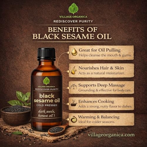 Image of Village-Organica Black Sesame Seed Oil | Cold Pressed Oil | Gingelly Oil | For Body | For Hair | For Cooking (100ml)| Amber Glass bottle |