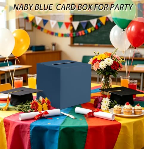 Image of SietDESEO Navy Blue Card Box for Graduation Large Gift Card Box Holder 9.8 inch x 9.8 inch Money Cards Box Diy Card Box for Wedding Reception Baby Shower Birthday Cards Box Holder
