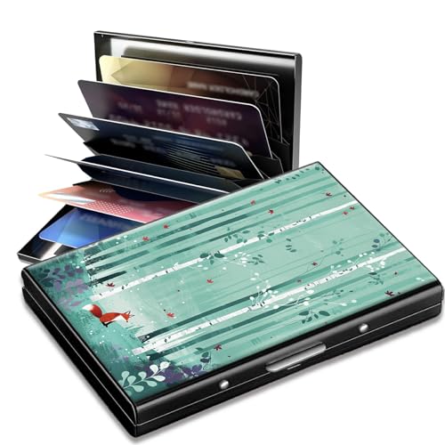 SROJDHFJB Metal Credit Card Holder RFID Blocking, Forest Fox Slim Mini Aluminum Wallet Hard Case for Men & Women, Small Business Card Case Card Organizer Case Holds 12 Cards & Bills