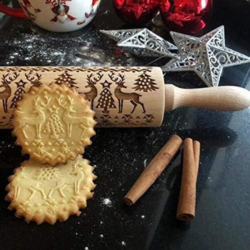 Christmas Embossing Rolling Pin Cookies Decorating Embossed Rollers Pins with Engraved Christmas Snowflakes and Deer Pattern for Baking Dough, Pie, Cookie, Fondant, Pastry, Biscuit -(43 x 5CM)