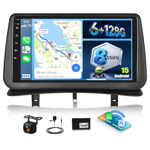 SIXWIN 8 Core 6+128G Android 13 Autoradio con CarPlay/Android Auto/DSP per Renault Clio 3th 2005-2014, 9 Pollice HD Navigatore GPS WiFi Bluetooth 5.0 USB FM RDS Radio Mirror Link 32 EQ+AHD Retrocamera