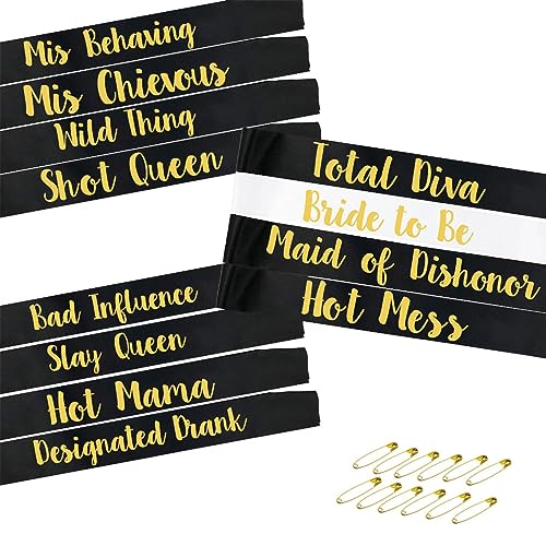 Bachelorette Sash Set (12 pcs) - Bride to Be Sash Bachelorette Party Decorations - Unique Bride and Bridesmaid Sashes for Bachelorette Party (Black, Gold Letters). Ideal Bridal Shower Supplies