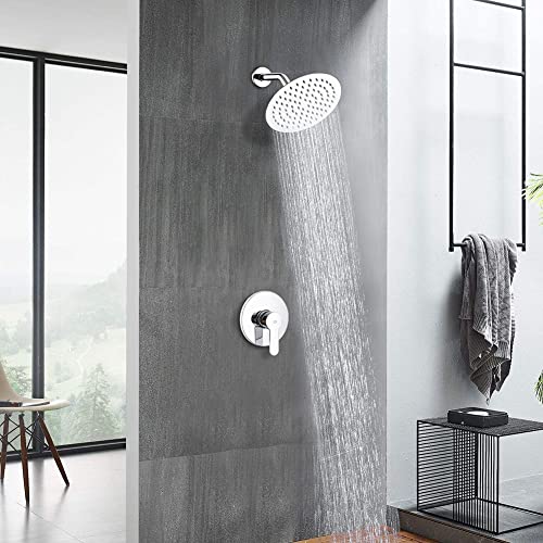 Pop Sanitaryware Shower Faucet Set Chrome Bathroom Rainfall Mixer Shower System Wall Mounted 8" Inch Shower Head And Handle Set Single Function Shower Trim Kit With Rough-In Valve #TOP1