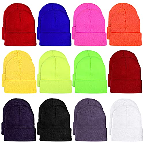 Satinior 24 Pieces Kids Winter Beanie Hat Knitted Cuffed Skull Caps Knit Hat Cozy Watch Hat Cold Weather Warm Hats For Boys Girls, 12 Colors #TOP7