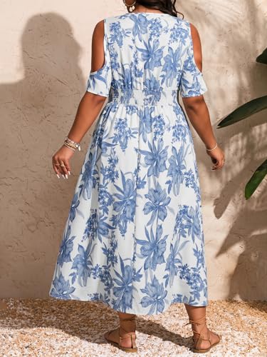 Image of Floerns Women's Plus Size Cold Shoulder Tropical Print V Neck Flared A Line Long Dress
