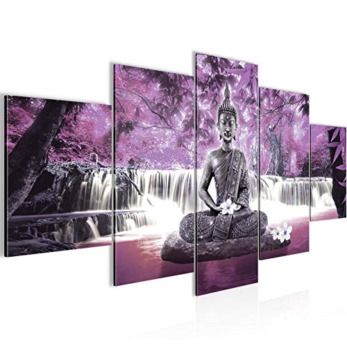 Tableau Bouddha Cascade violet 200x100 cm grand format deco murale 5 panneaux salon