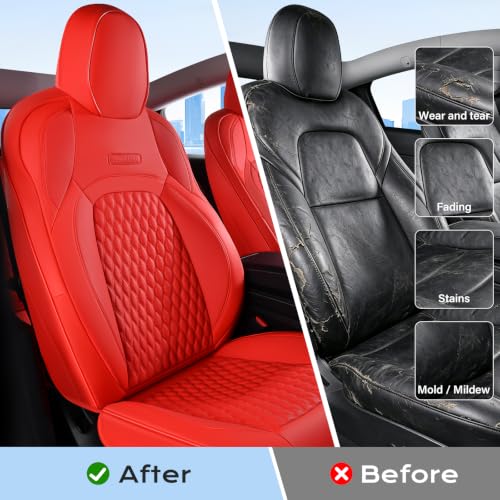 Image of Coverado Front Seat Covers for 2020-2026 Tesla Model Y, Car Seat Covers Front Seats, Front 2PCS Leatherette Car Seat Cover Seat Protector Custom for Tesla Model Y Red
