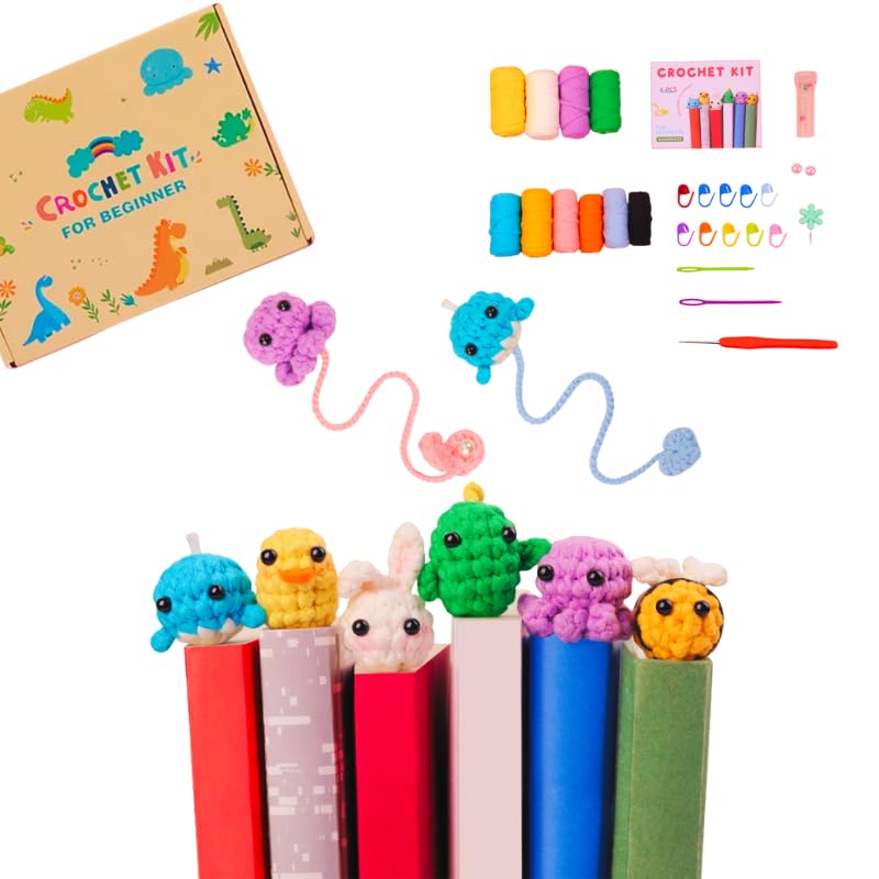 Crochet Set for Kids - 6PCS Animal Amigurumi Kit with Video Tutorials for Basic Skills and Full Projects - Beginner Crochet Bookmark Kit- Easy DIY Gift for Children