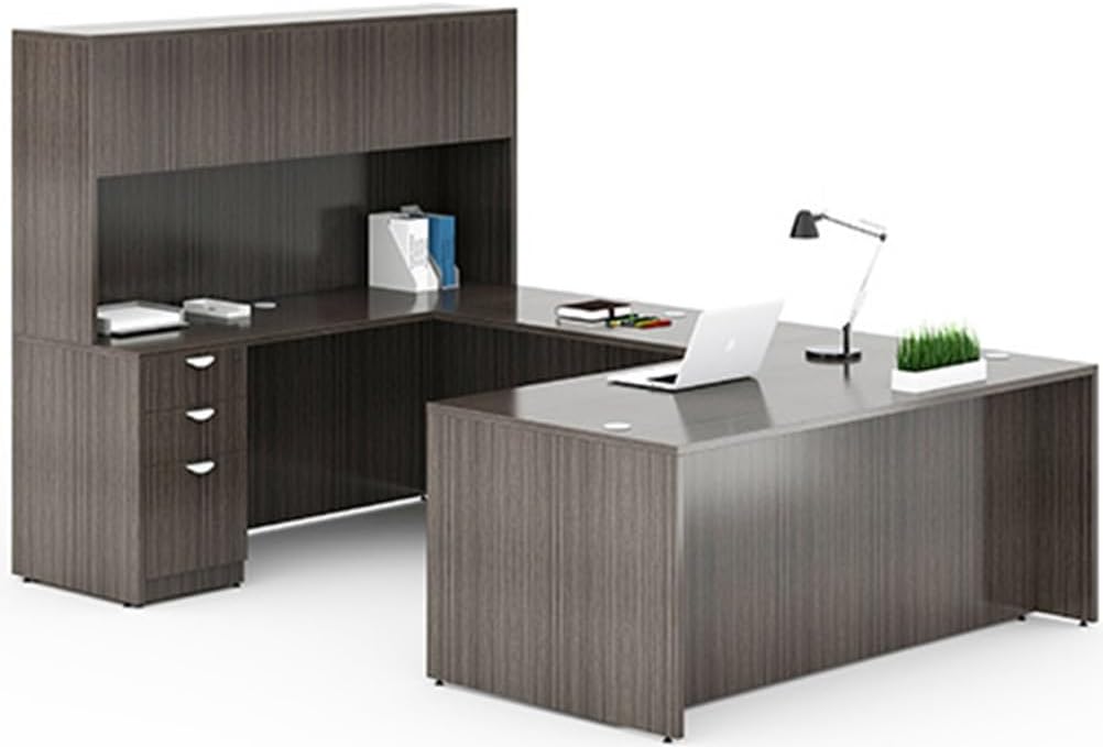 Boss Office U-Shape Desk Credenza with Pedestal and Hutch in Driftwood