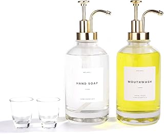 Molimoli Hand Soap Dispenser, Bathroom Soap Dispenser Set, Glass Mouthwash Dispenser, Dish Soap Dispenser for Kitchen Sink, Kitchen Soap Dispenser Pump, 500ml/16.9 Oz, Set of 2, Gold