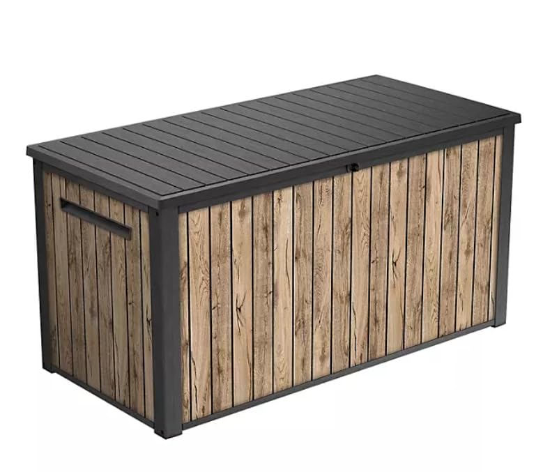 170 gallon resin deck box – large outdoor storage bench with lockable lid, wood-look waterproof patio bin, weather-resistant for backyard, pool, garden – signature collection
