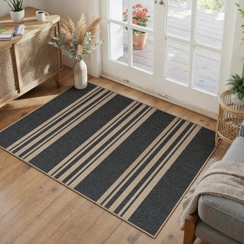 Striped Easy Jute Rug 2x3 Black Entryway Carpet Washable Non Slip Door Mat Farmhouse Neutral Non Shedding Entry Small Indoor Outdoor Rug for Kitchen Bedroom Mudroom Bathroom 2' x 3' (Rectang